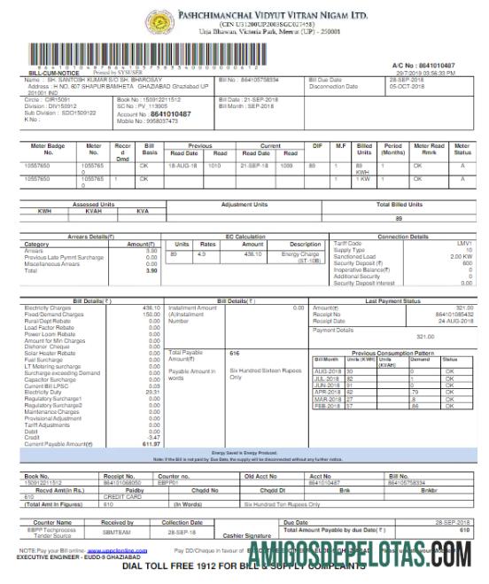 Em branco modelo Word e PDF de conta de serviços públicos da ÍNDIA PVVNL
